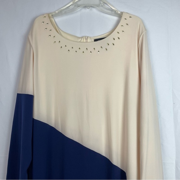 Ashley Stewart Cream and Blue Long Sleeve Dress - Picture 2 of 9